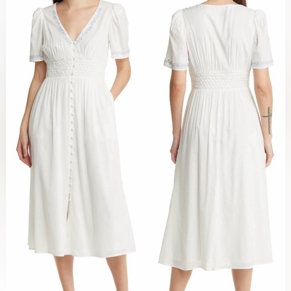 Reformation Dresses & Skirts - NEW REFORMATION Kamryn Embroidered Smocked Waist Organic Cotton Blend Midi Sz 8